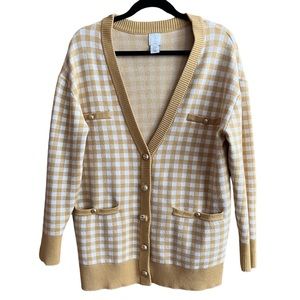 Joie Gingham Button Front Cardigan Sweater Oversized Preppy Academia Yellow